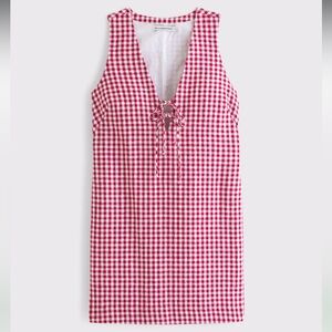 NWT Abercrombie & Fitch Red and White Gingham Linen-Blend Tie-Front Mini Dress